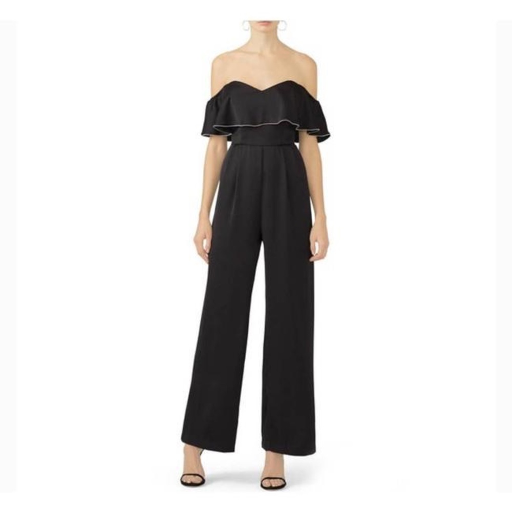 Devlin Modern Trim Jumpsuit 4 Ruffle Off Shoulder Sweetheart Pockets Wide Leg